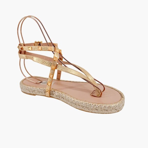 Valentino Garavani Rockstud Espadrille Thong Sandals Size 38 US 8 Gold Flat - Picture 11 of 15